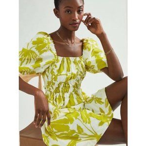 Anthropologie Maeve Green & White Linen Puff Sleeve Dress